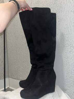 Qupid Black Over-the-Knee Wedge Boots